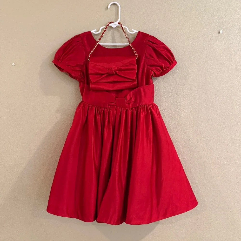 Janie and Jack Fit & Flare Dress Girls 8 Red Satin Bow Purse Holiday Party